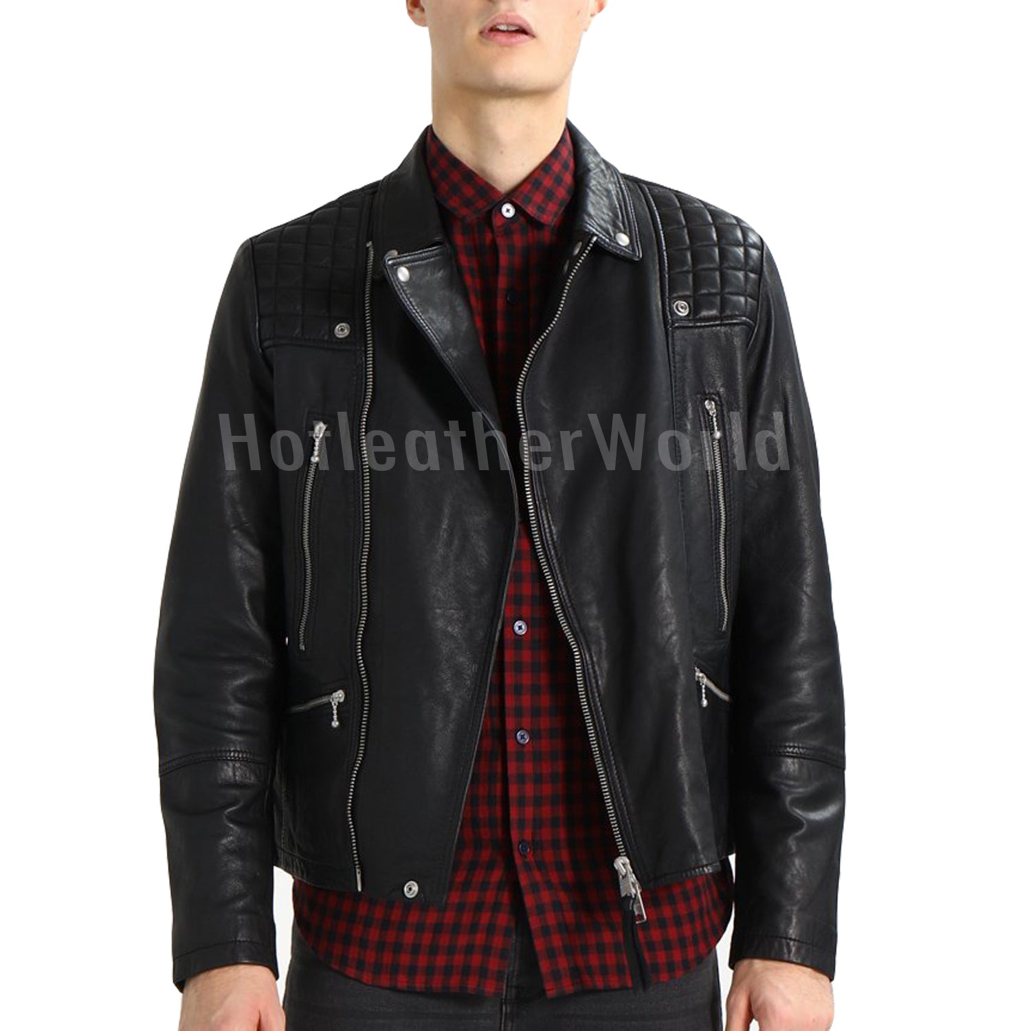 Quilted Style Men Leather Jacket -  HOTLEATHERWORLD