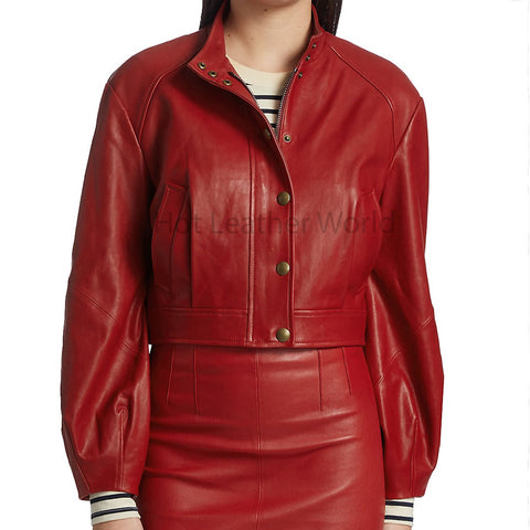 Vintage Red Puffed Sleeve Women Cropped Genuine Leather Jacket -  HOTLEATHERWORLD