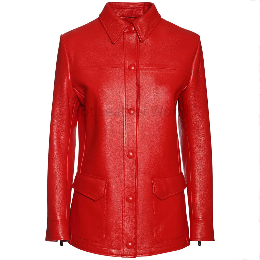 Solid Red Straight Fit Snap Buttoned Women Genuine Leather Jacket -  HOTLEATHERWORLD
