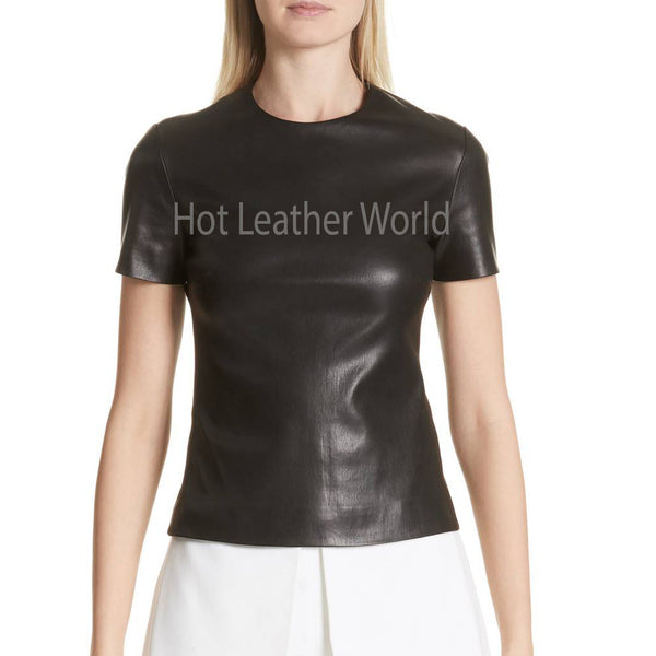 Short Sleeves Women Leather Top -  HOTLEATHERWORLD