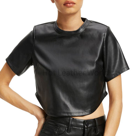 Solid Black Short Sleeves Cropped Women Hot Leather T-shirt -  HOTLEATHERWORLD