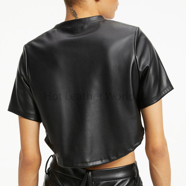 Solid Black Short Sleeves Cropped Women Hot Leather T-shirt -  HOTLEATHERWORLD