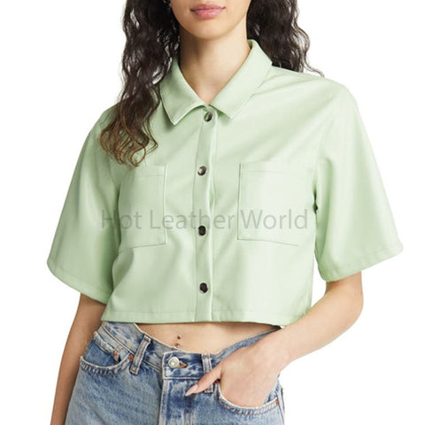 Pastel Green Snap Front Cropped Women Hot Leather Top -  HOTLEATHERWORLD