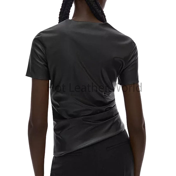 Classy Black Side Ruched Women Hot Leather T-Shirt -  HOTLEATHERWORLD