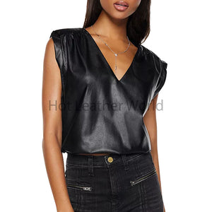 Solid Black V Neck Pullover Style Women Hot Leather Top -  HOTLEATHERWORLD