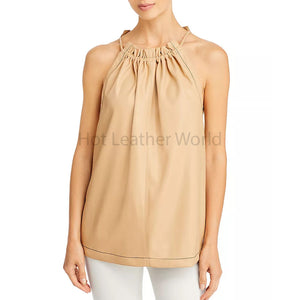 Sand Brown Ruched Neck Sleeveless Women Leather Top -  HOTLEATHERWORLD