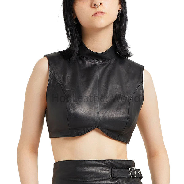 Minimal Black Mock Neck Women Hot Leather Crop Top -  HOTLEATHERWORLD