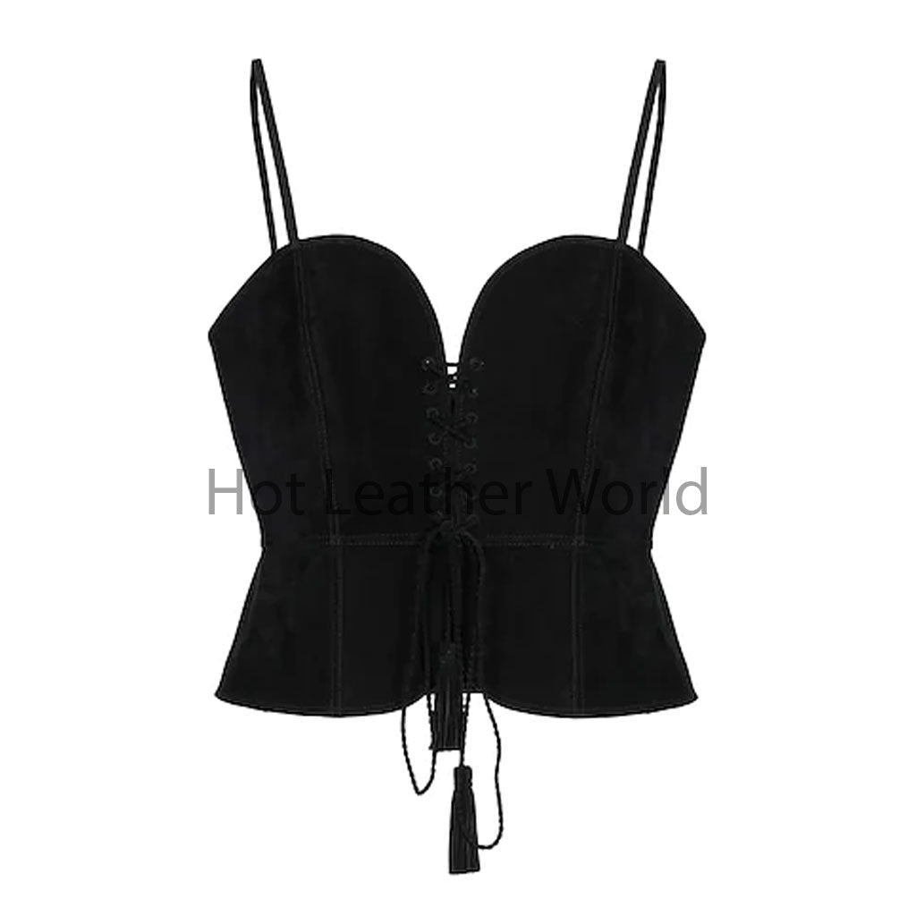 Jet Black Front Laced Women Hot Suede Leather Bustier Top -  HOTLEATHERWORLD