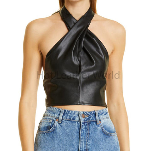 Stylish Black Cropped Halter Women Leather Top -  HOTLEATHERWORLD