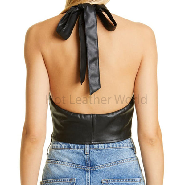 Stylish Black Cropped Halter Women Leather Top -  HOTLEATHERWORLD