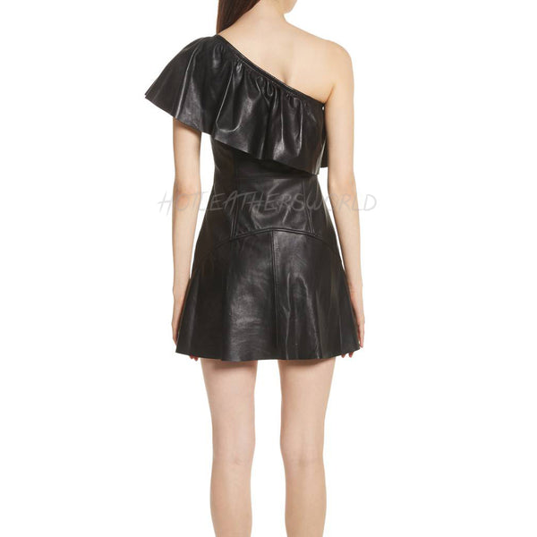One-Shoulder Leather Mini Dress -  HOTLEATHERWORLD