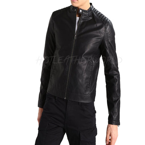 Tab Collar Men Faux leather jacket -  HOTLEATHERWORLD