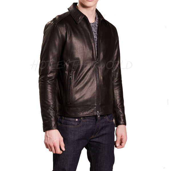 Stander Collar Men Leather Jacket -  HOTLEATHERWORLD