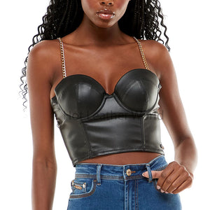Chic Black Chain Strap Detailed Women Hot Leather Bustier Top -  HOTLEATHERWORLD