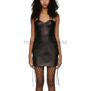 Voguish Black Laced Side Women Hot Mini Leather Dress -  HOTLEATHERWORLD