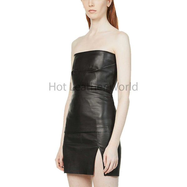 Minimal Black Strapless Front Slit Detailed Women Hot Mini Leather Dress -  HOTLEATHERWORLD