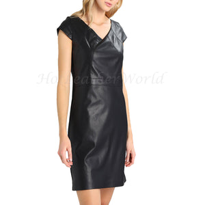 V Neckline Mini Leather Dress -  HOTLEATHERWORLD