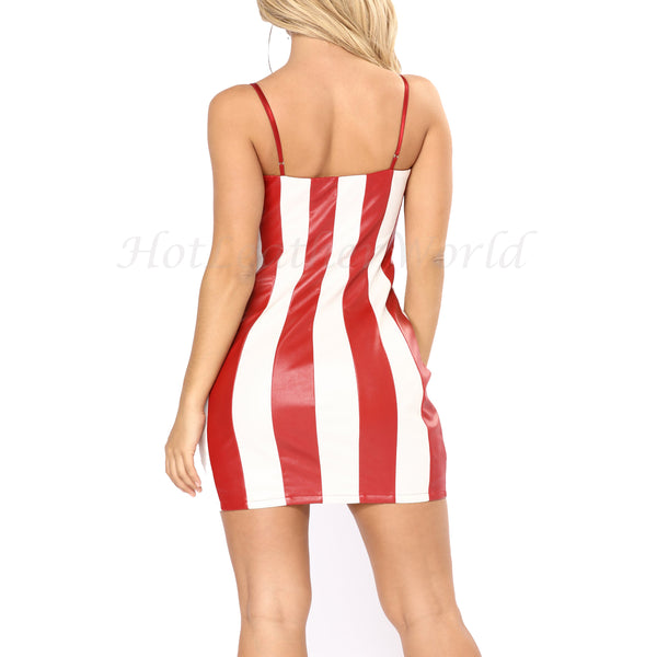 Red and White Strips Women Leather Dress -  HOTLEATHERWORLD