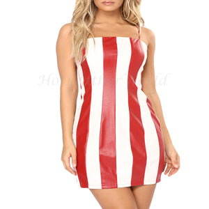 Red and White Strips Women Leather Dress -  HOTLEATHERWORLD