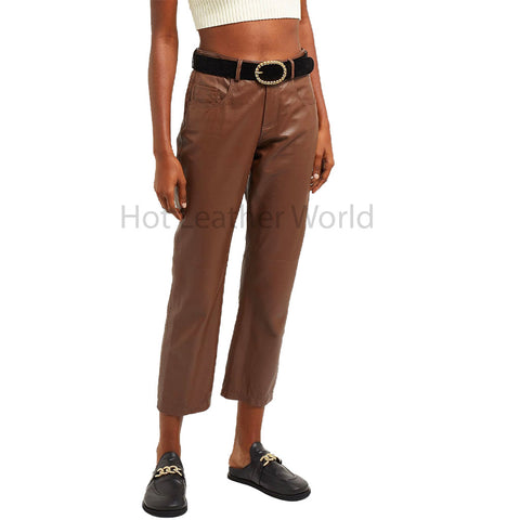 Classy Brown High Waist Five Pockets Women Leather Pant -  HOTLEATHERWORLD