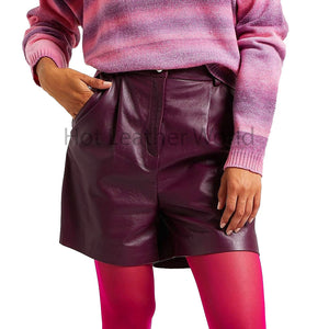 Deep Purple Pleated Women Leather Shorts