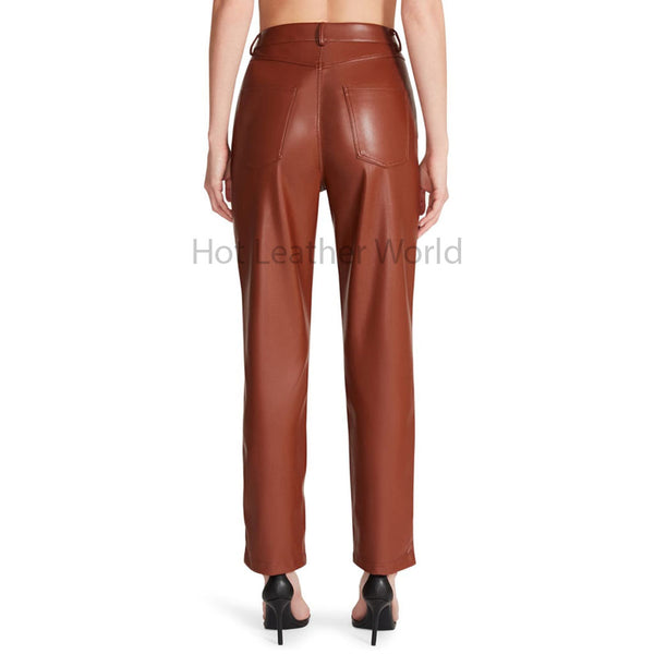 Solid Brown Multi Pockets Detailed Women Faux Leather Pants -  HOTLEATHERWORLD