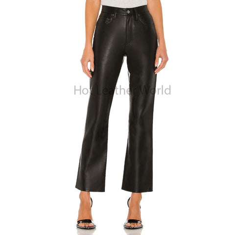 Solid Black Five Pockets Detailed Boot Cut Women Leather Pant -  HOTLEATHERWORLD