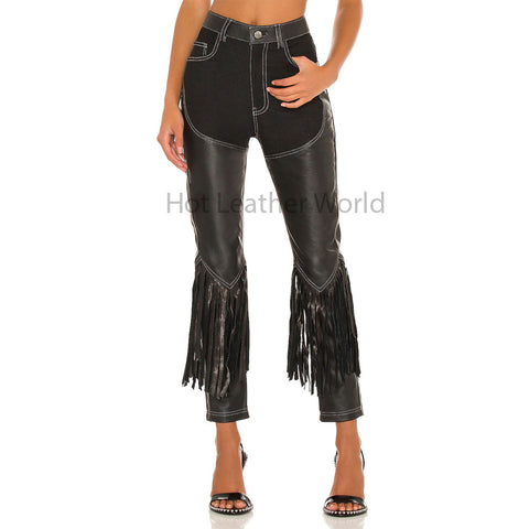 Vintage Black Cowboy Fringe Style Women Leather Pant -  HOTLEATHERWORLD