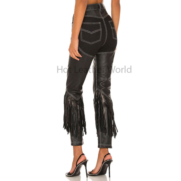 Vintage Black Cowboy Fringe Style Women Leather Pant -  HOTLEATHERWORLD