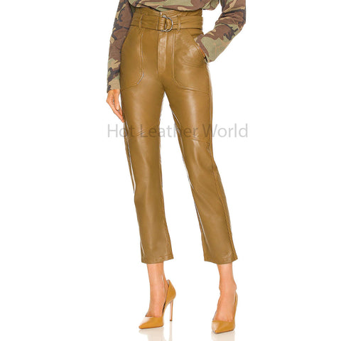 Stylish Sand Yellow High Belted Waist Women Leather Pant -  HOTLEATHERWORLD