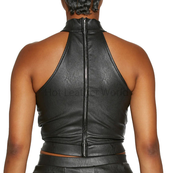 Solid Black Halter Neck Cutout Detailed Women Leather Top -  HOTLEATHERWORLD