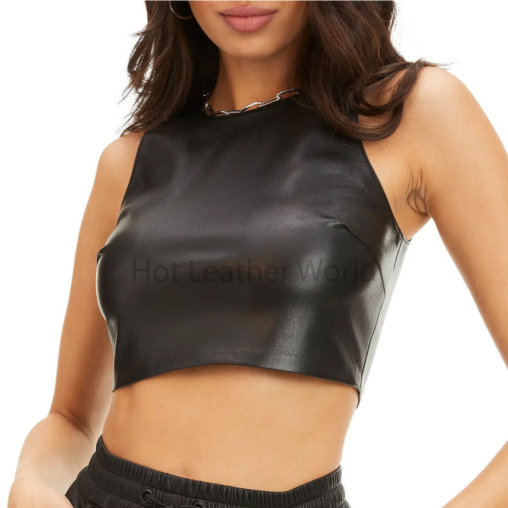 Minimal Black Cropped Length Women Faux Leather Tank Top