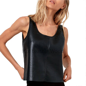 Essential Black Pullover Women Genuine Leather Tank Top
