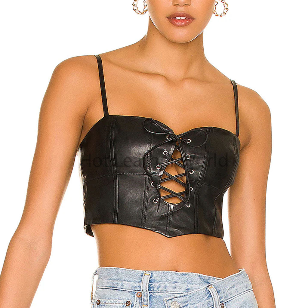 Blazing Black Laced Detailed Cropped Women Leather Bustier Top