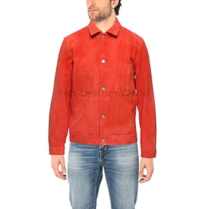 Stylish Bright Orange Patch Pocket Men Genuine Leather Jacket -  HOTLEATHERWORLD
