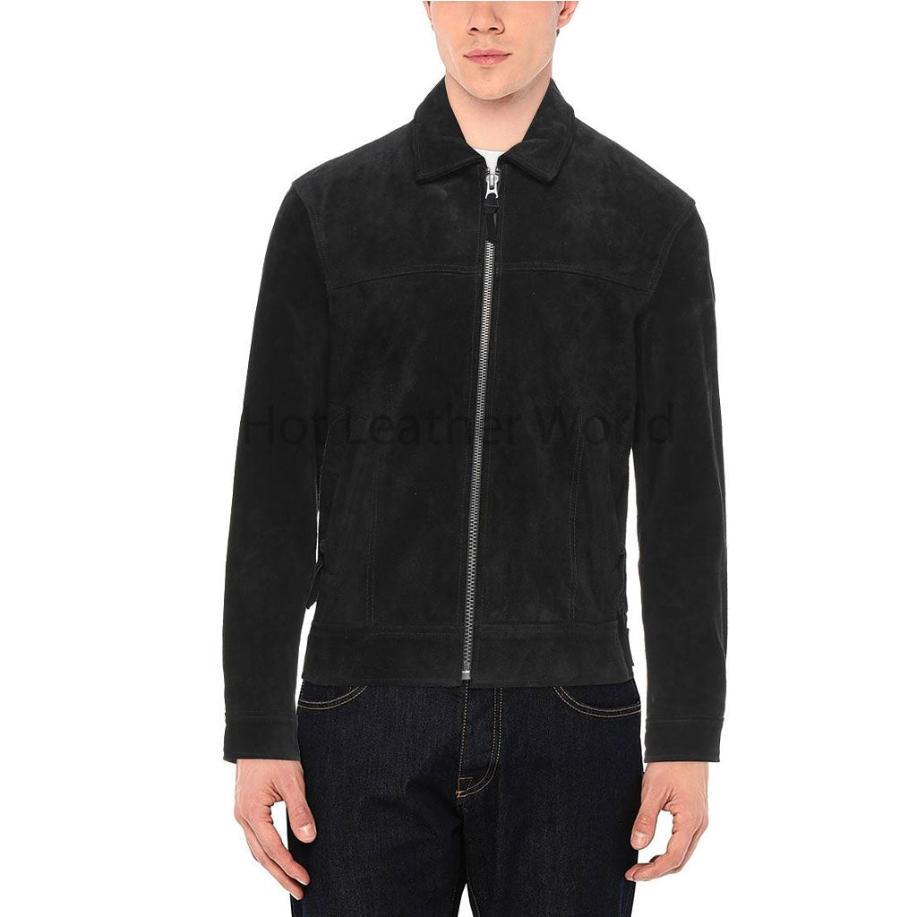 Solid Black Zipper Closure Men Genuine Leather Jacket -  HOTLEATHERWORLD