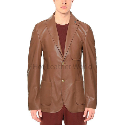 Professional Brown Two Button Front Men Genuine Leather Blazer -  HOTLEATHERWORLD