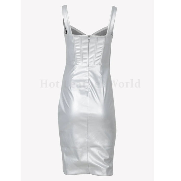 Metallic Women Mini Leather Halloween Corset Dress -  HOTLEATHERWORLD