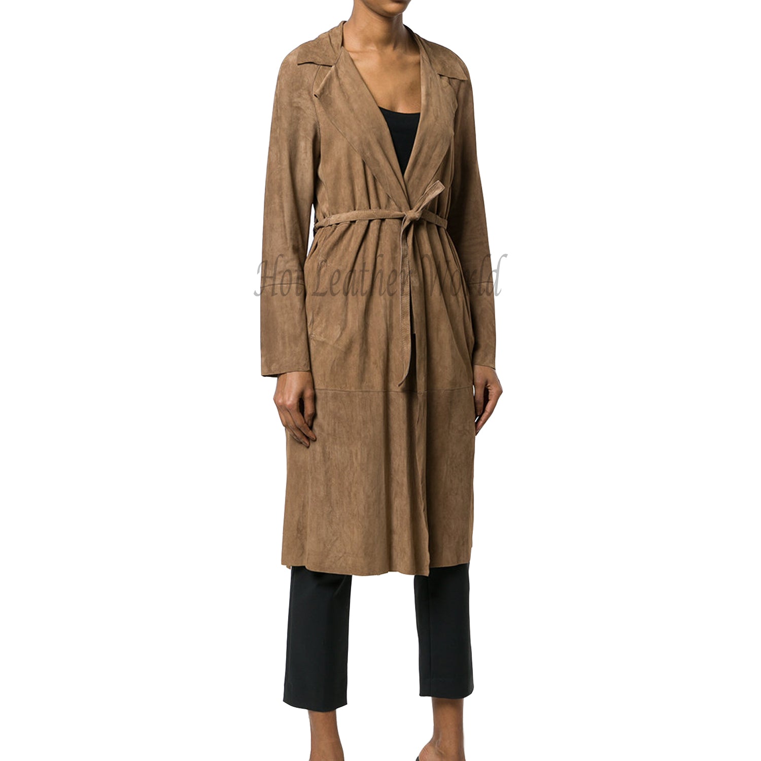 Suede Leather Belted Women Trench Coat -  HOTLEATHERWORLD