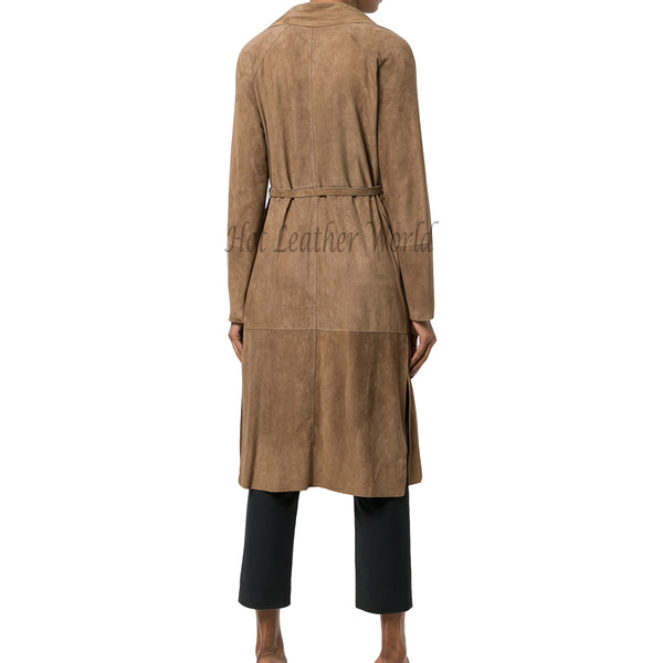 Suede Leather Belted Women Trench Coat -  HOTLEATHERWORLD