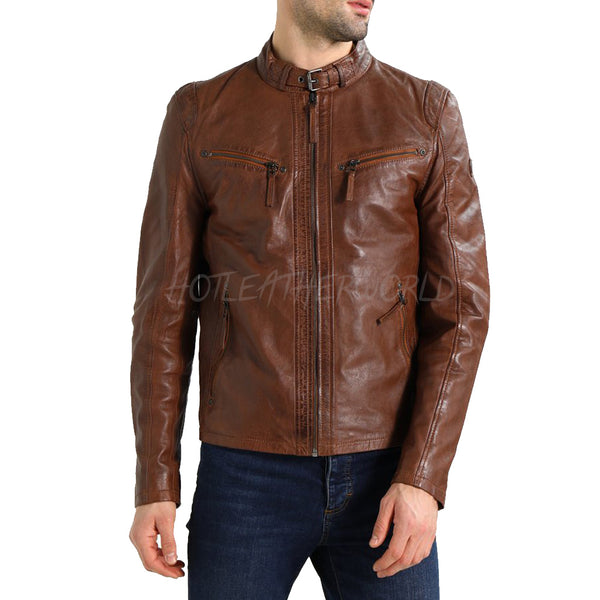 Mandarin collar Men Leather Jacket -  HOTLEATHERWORLD