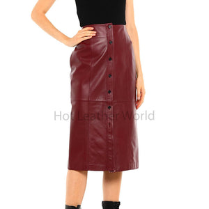 Minimal Maroon Pleated Buttoned Women Midi Leather Skirt -  HOTLEATHERWORLD