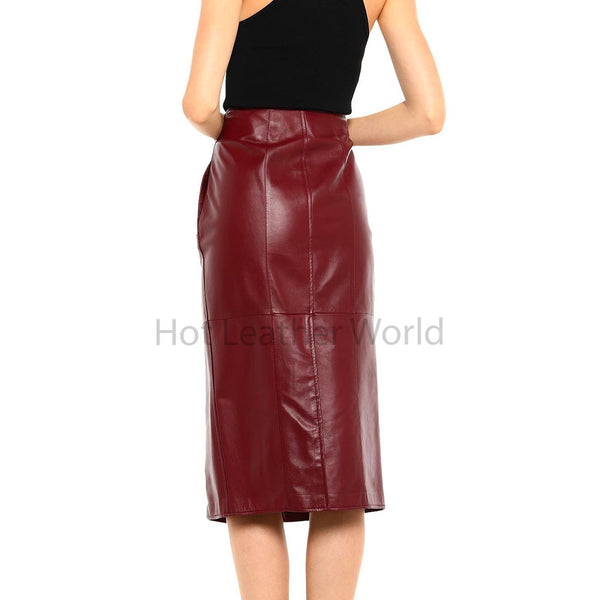 Minimal Maroon Pleated Buttoned Women Midi Leather Skirt -  HOTLEATHERWORLD