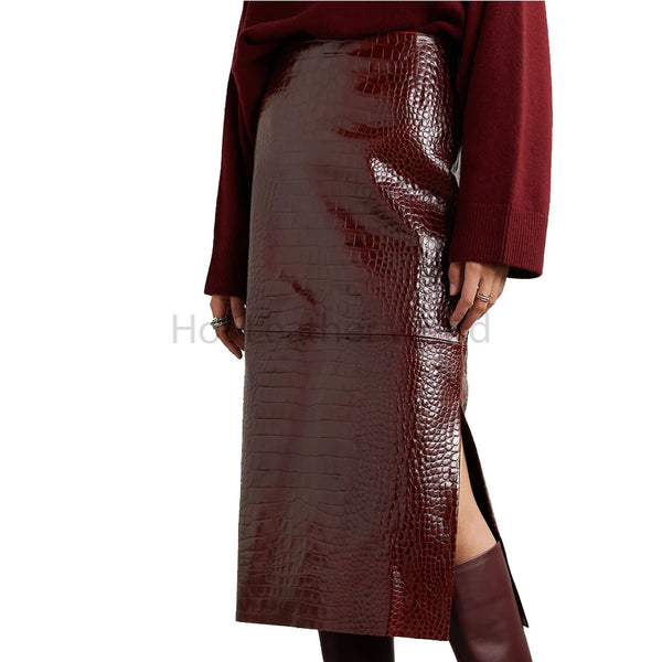 Wine Red Croc Embossed Side Slit Women Midi Leather Skirt -  HOTLEATHERWORLD