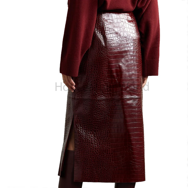 Wine Red Croc Embossed Side Slit Women Midi Leather Skirt -  HOTLEATHERWORLD