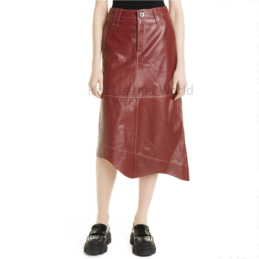 Madder Brown Asymmetrical Women Leather Midi Skirt -  HOTLEATHERWORLD