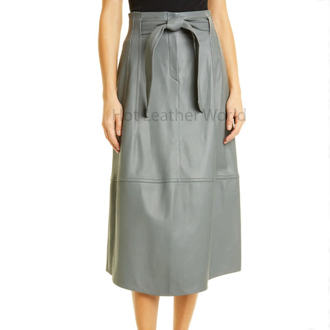 Elegant Grey Tie Belt Women Midi Leather Skirt -  HOTLEATHERWORLD