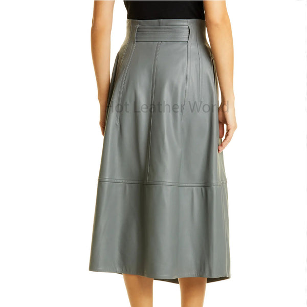 Elegant Grey Tie Belt Women Midi Leather Skirt -  HOTLEATHERWORLD