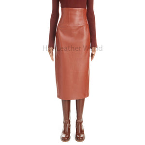 Minimal Brown High Waist Dart Detailed Women Midi Leather Skirt -  HOTLEATHERWORLD