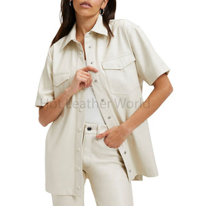 Off White Button Up Pockets Detailed Women Oversized Faux Leather Shirt -  HOTLEATHERWORLD